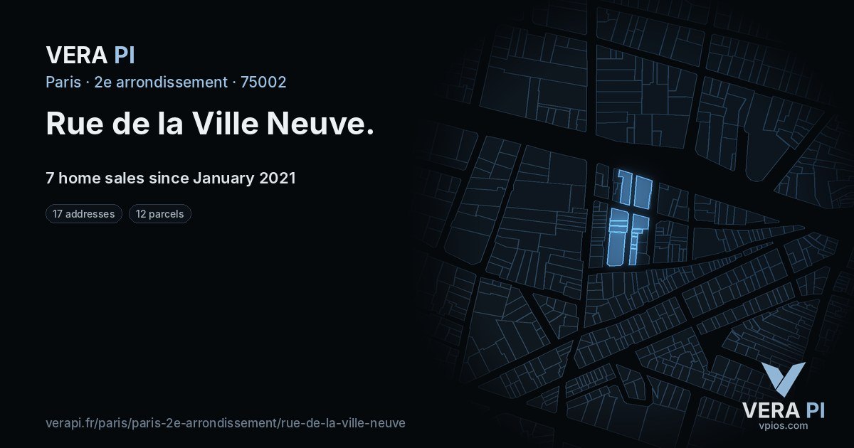 Rue de la Ville Neuve, 2e arrondissement at night – every parcel coloured by the prices around it, the street's own parcels lit
