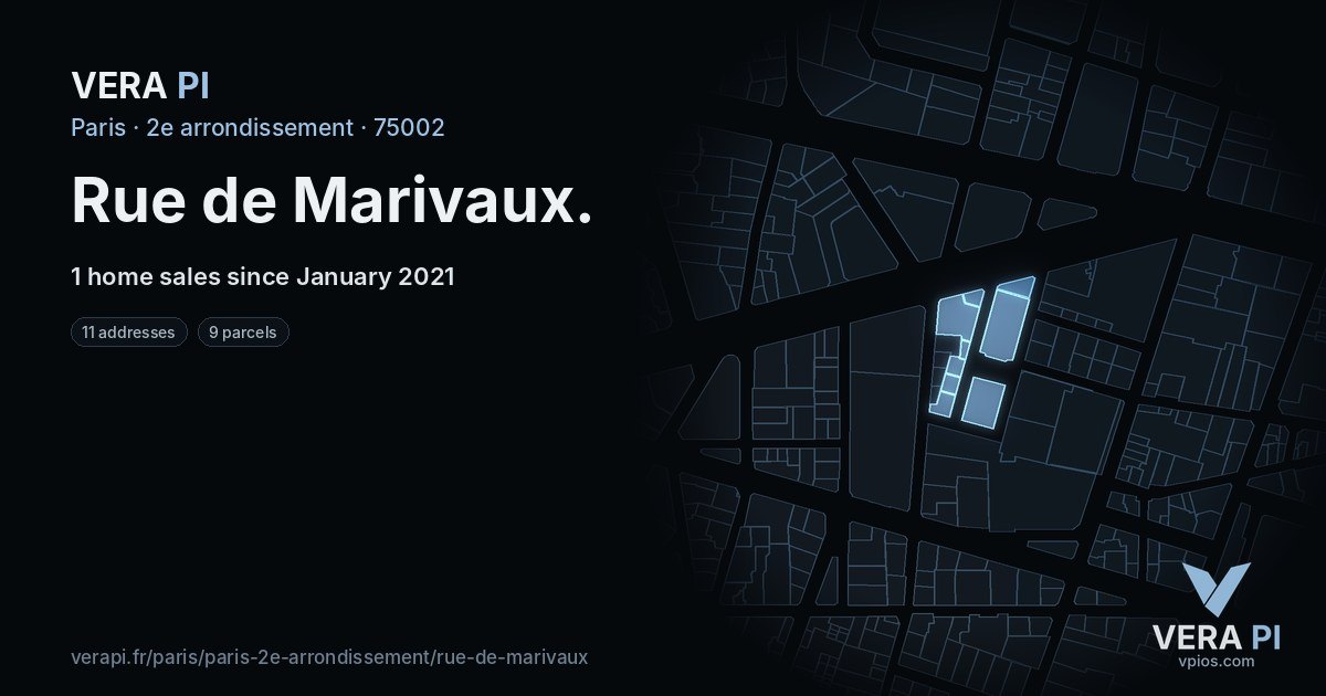 Rue de Marivaux, 2e arrondissement at night – every parcel coloured by the prices around it, the street's own parcels lit