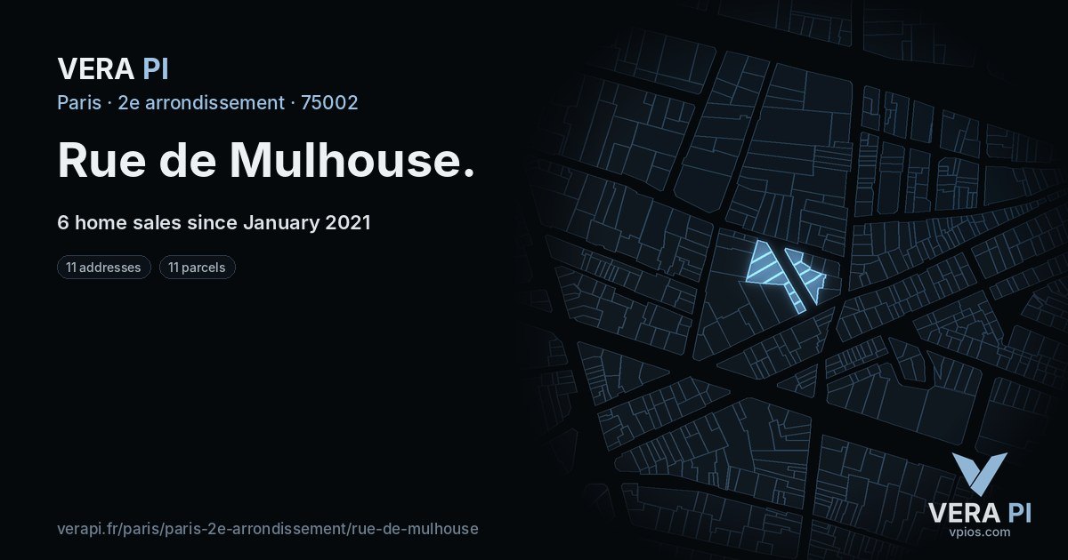 Rue de Mulhouse, 2e arrondissement at night – every parcel coloured by the prices around it, the street's own parcels lit