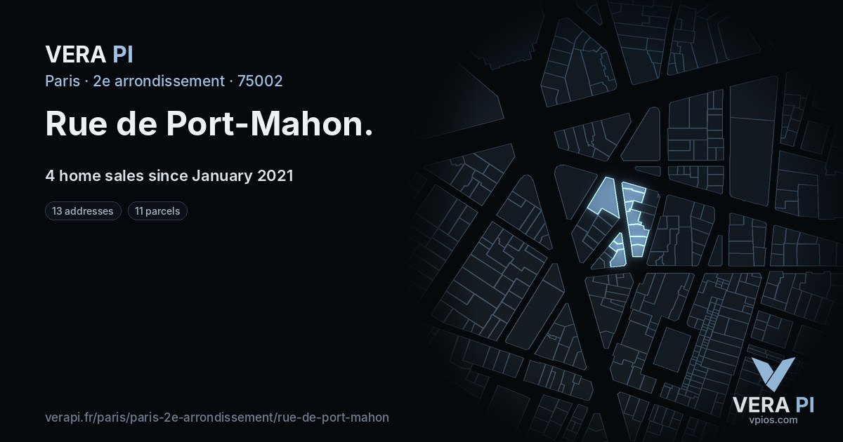 Rue de Port-Mahon, 2e arrondissement at night – every parcel coloured by the prices around it, the street's own parcels lit