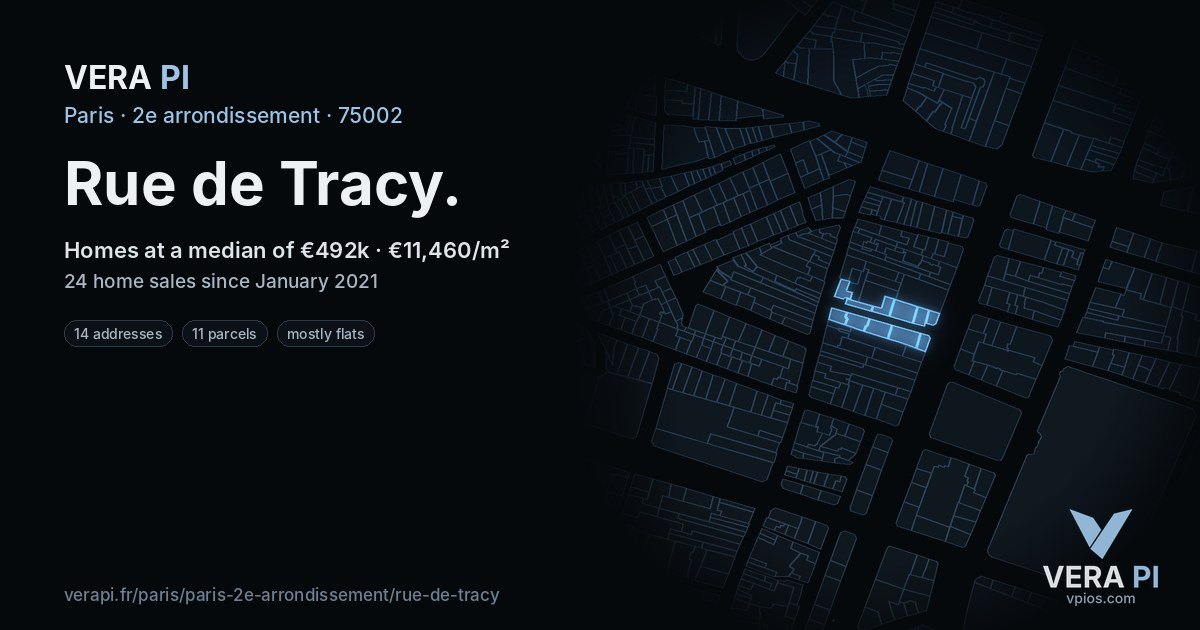 Rue de Tracy, 2e arrondissement at night – every parcel coloured by the prices around it, the street's own parcels lit