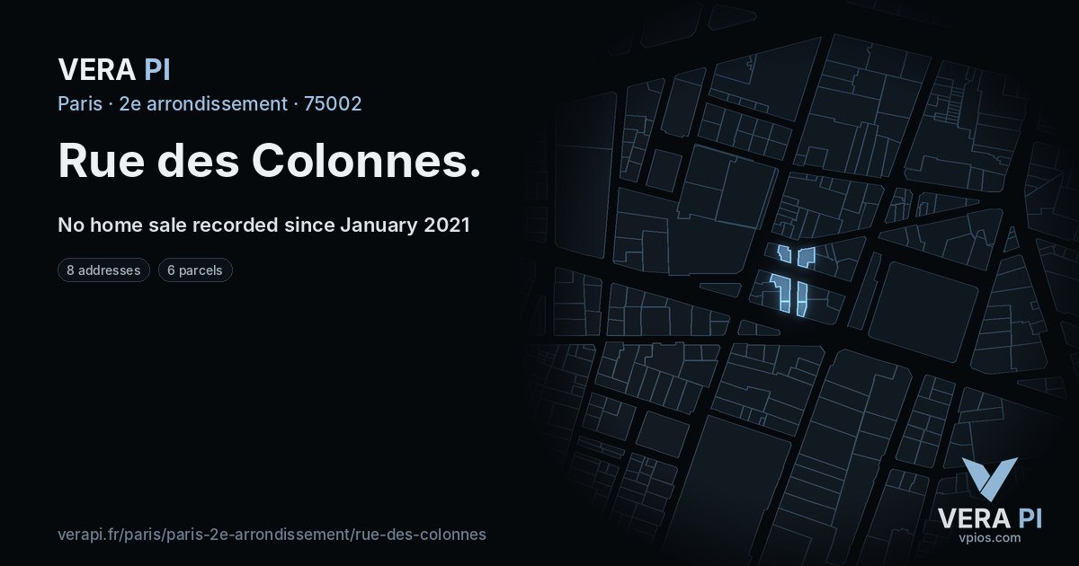 Rue des Colonnes, 2e arrondissement at night – every parcel coloured by the prices around it, the street's own parcels lit