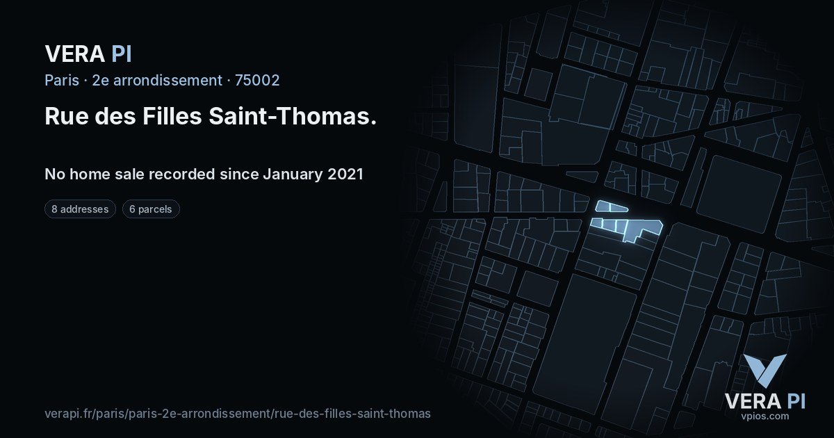 Rue des Filles Saint-Thomas, 2e arrondissement at night – every parcel coloured by the prices around it, the street's own parcels lit