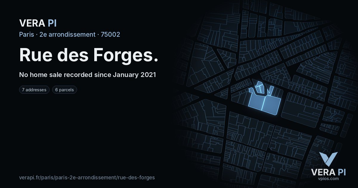 Rue des Forges, 2e arrondissement at night – every parcel coloured by the prices around it, the street's own parcels lit