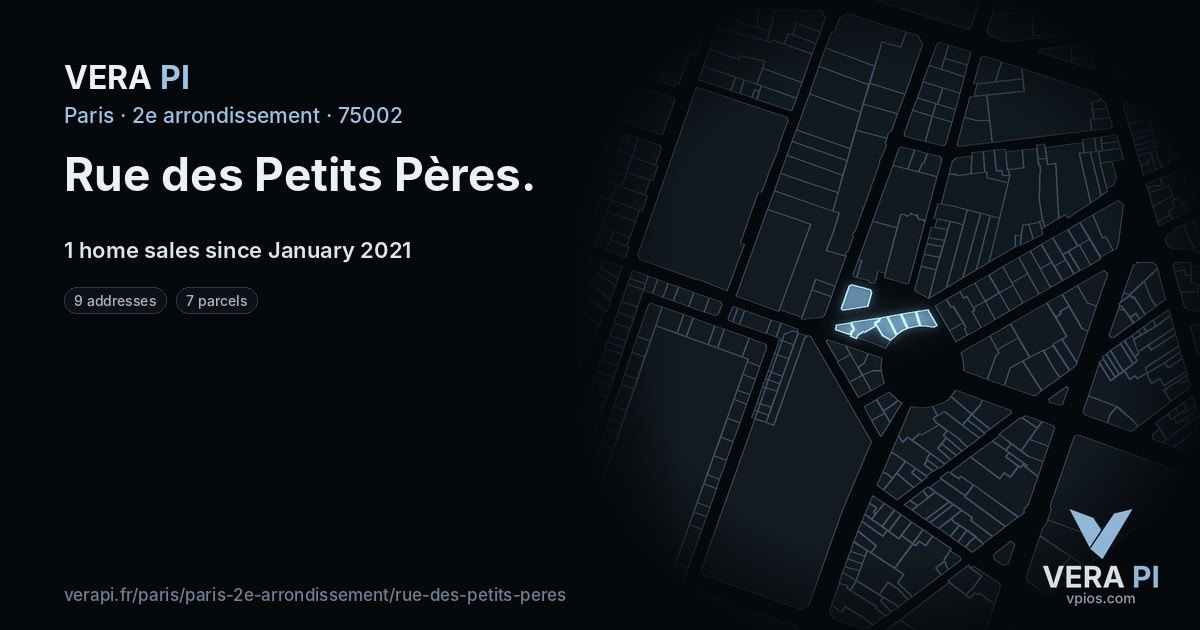 Rue des Petits Pères, 2e arrondissement at night – every parcel coloured by the prices around it, the street's own parcels lit