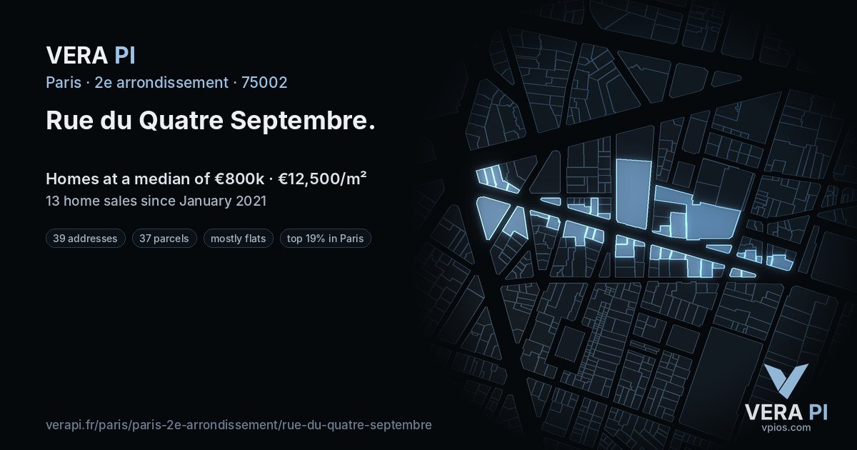 Rue du Quatre Septembre, 2e arrondissement at night – every parcel coloured by the prices around it, the street's own parcels lit