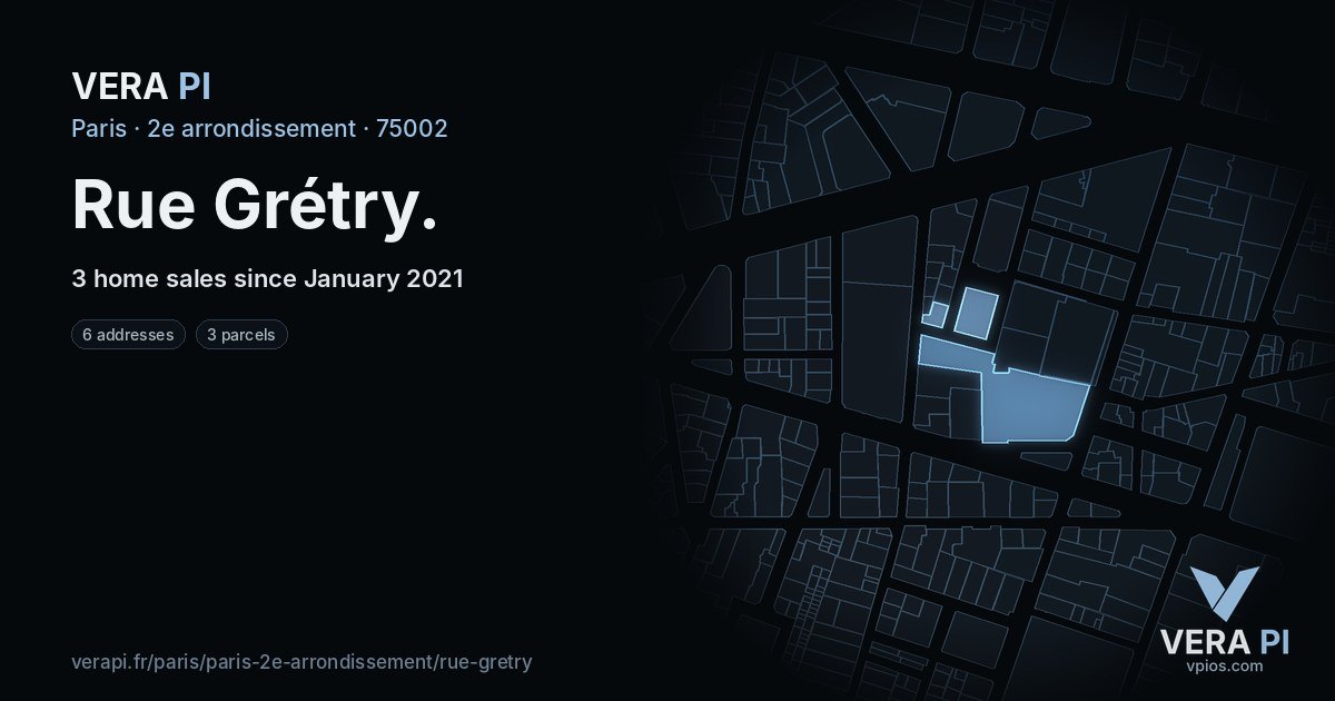 Rue Grétry, 2e arrondissement at night – every parcel coloured by the prices around it, the street's own parcels lit