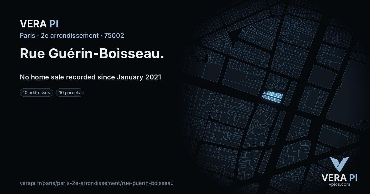 Rue Guérin-Boisseau, 2e arrondissement at night – every parcel coloured by the prices around it, the street's own parcels lit