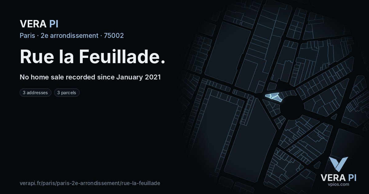 Rue la Feuillade, 2e arrondissement at night – every parcel coloured by the prices around it, the street's own parcels lit