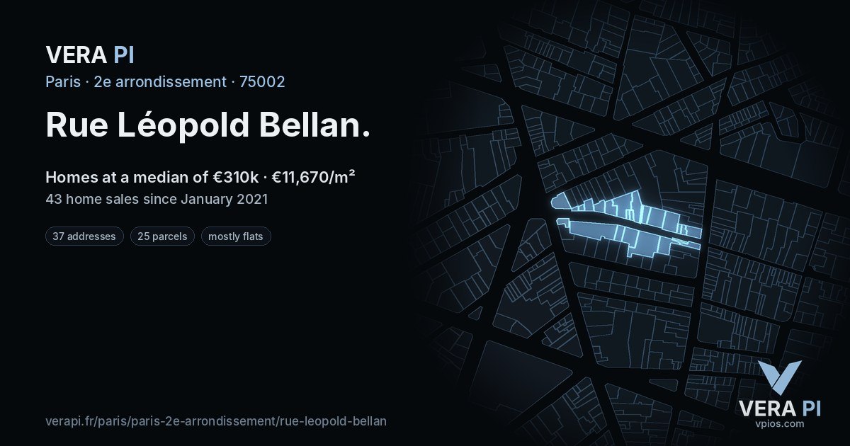 Rue Léopold Bellan, 2e arrondissement at night – every parcel coloured by the prices around it, the street's own parcels lit