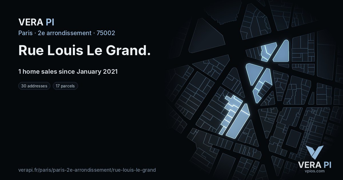 Rue Louis Le Grand, 2e arrondissement at night – every parcel coloured by the prices around it, the street's own parcels lit