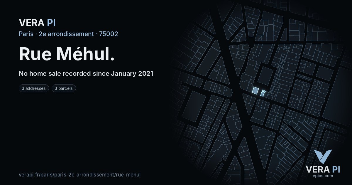 Rue Méhul, 2e arrondissement at night – every parcel coloured by the prices around it, the street's own parcels lit