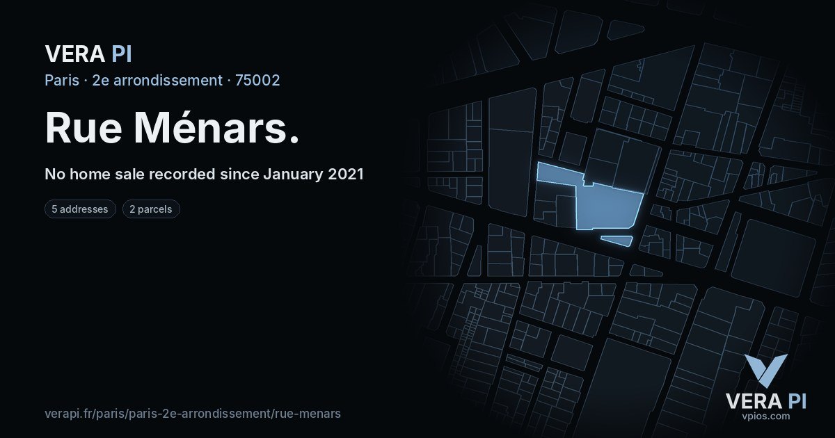 Rue Ménars, 2e arrondissement at night – every parcel coloured by the prices around it, the street's own parcels lit