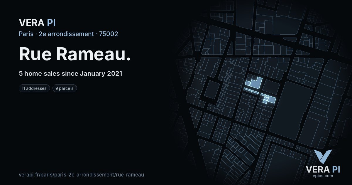 Rue Rameau, 2e arrondissement at night – every parcel coloured by the prices around it, the street's own parcels lit