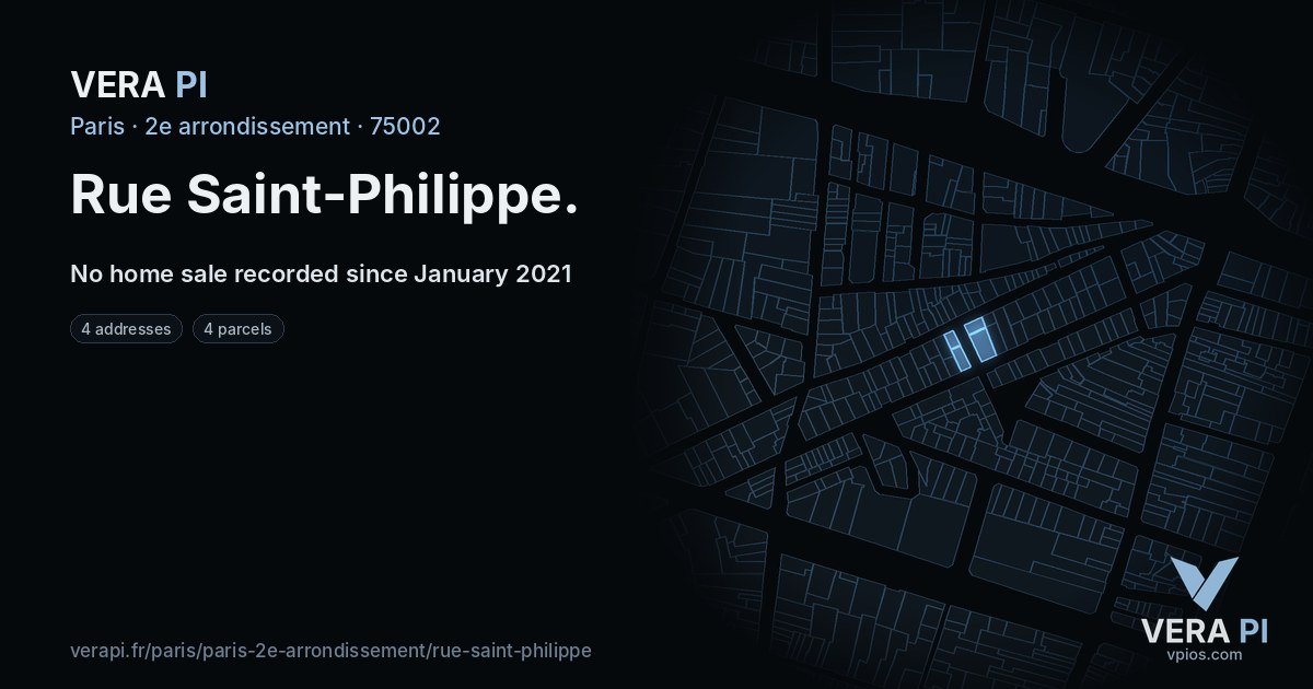 Rue Saint-Philippe, 2e arrondissement at night – every parcel coloured by the prices around it, the street's own parcels lit