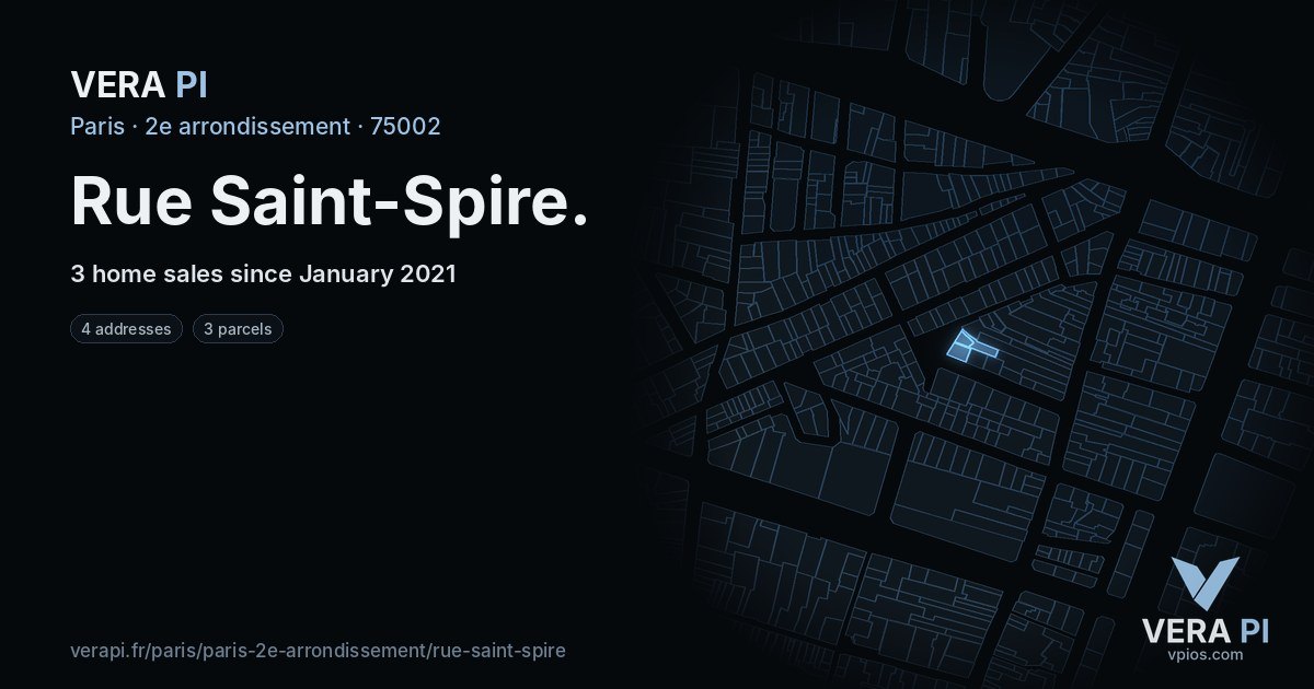 Rue Saint-Spire, 2e arrondissement at night – every parcel coloured by the prices around it, the street's own parcels lit