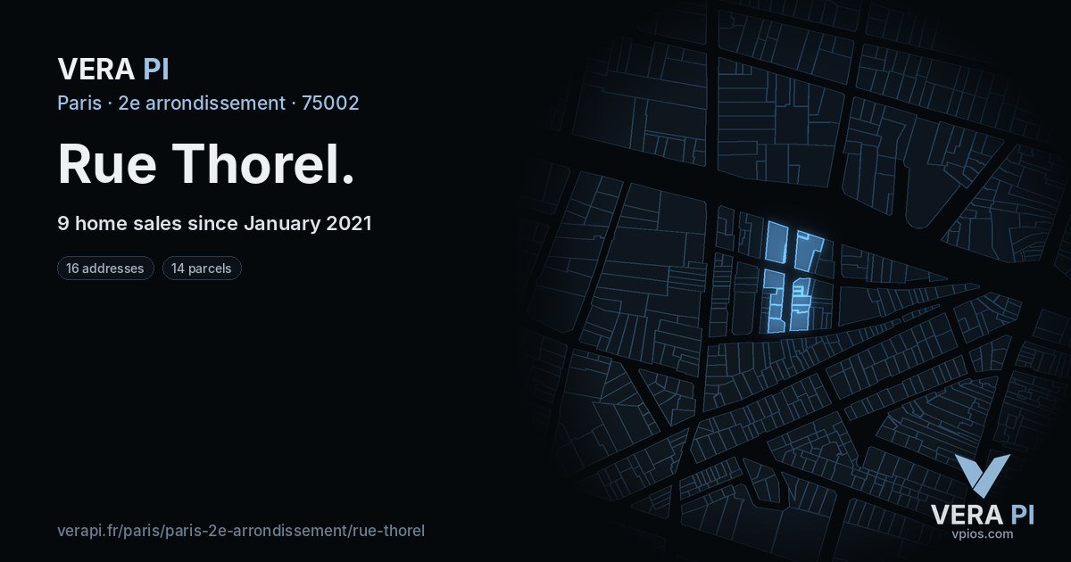 Rue Thorel, 2e arrondissement at night – every parcel coloured by the prices around it, the street's own parcels lit