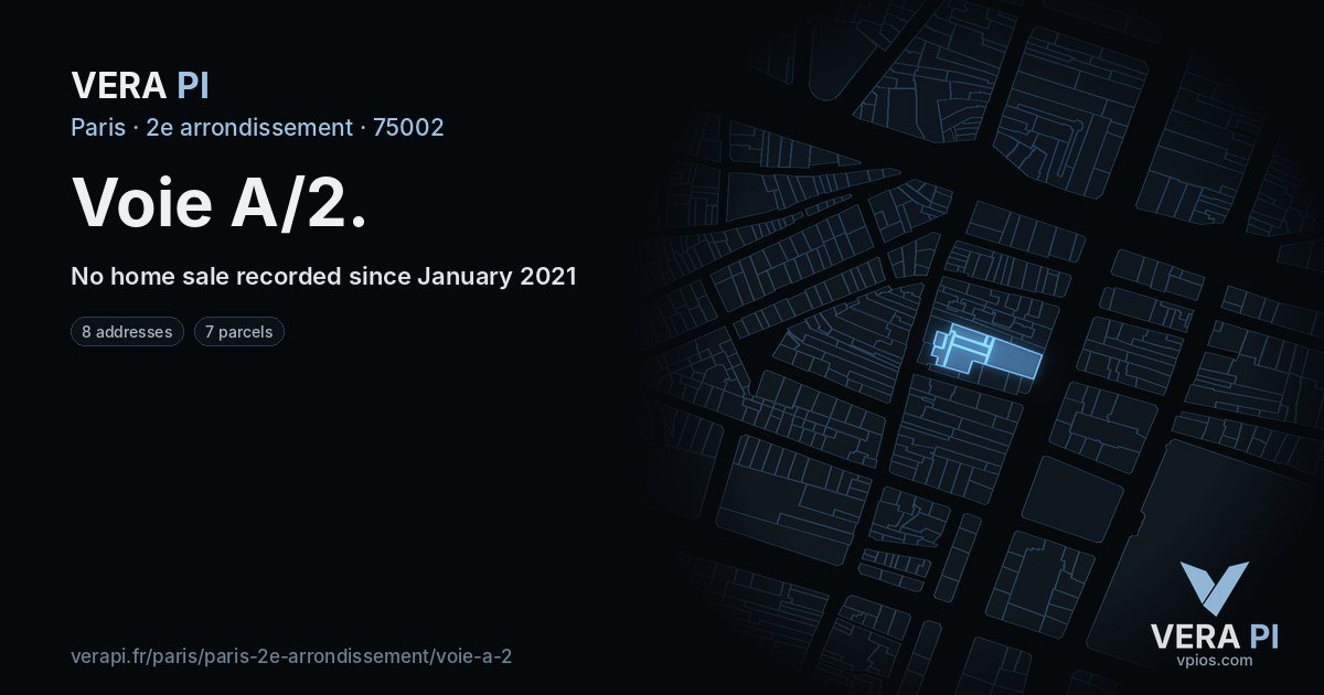 Voie A/2, 2e arrondissement at night – every parcel coloured by the prices around it, the street's own parcels lit