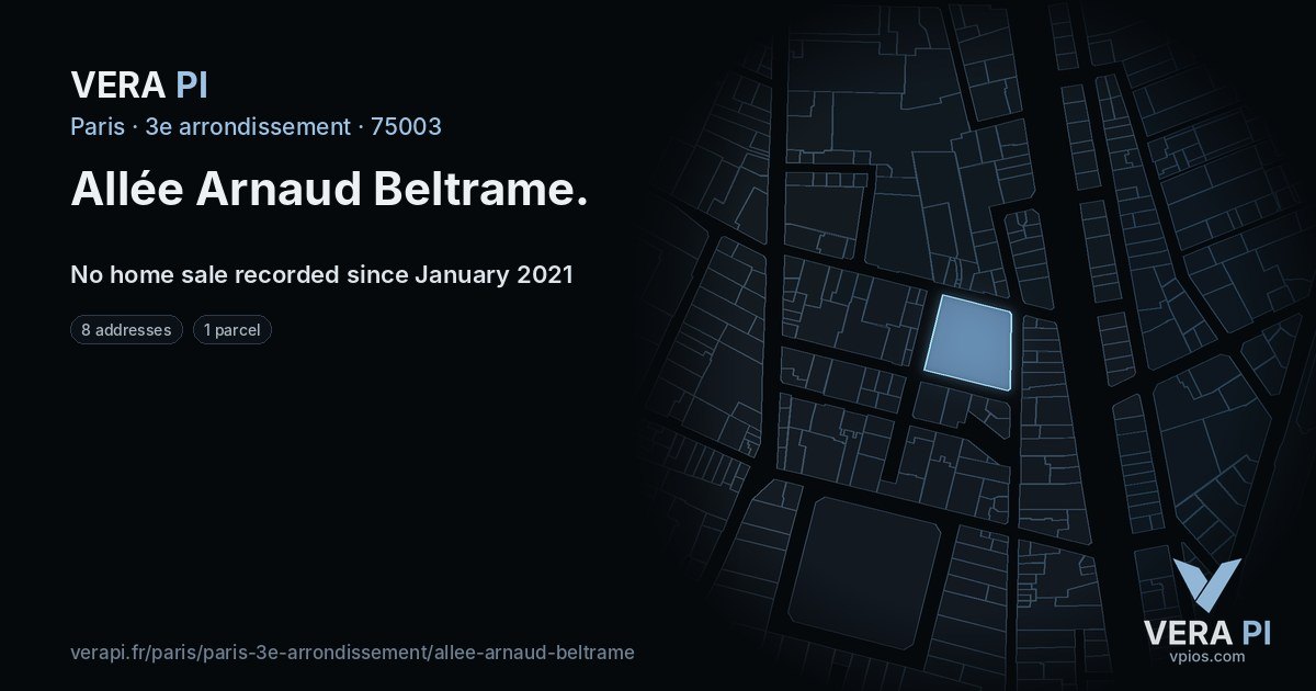 Allée Arnaud Beltrame, 3e arrondissement at night – every parcel coloured by the prices around it, the street's own parcels lit