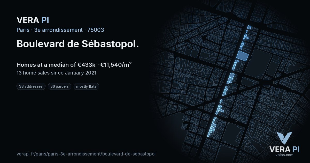 Boulevard de Sébastopol, 3e arrondissement at night – every parcel coloured by the prices around it, the street's own parcels lit