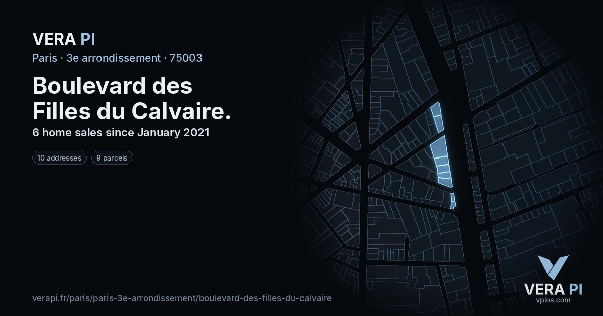 Boulevard des Filles du Calvaire, 3e arrondissement at night – every parcel coloured by the prices around it, the street's own parcels lit