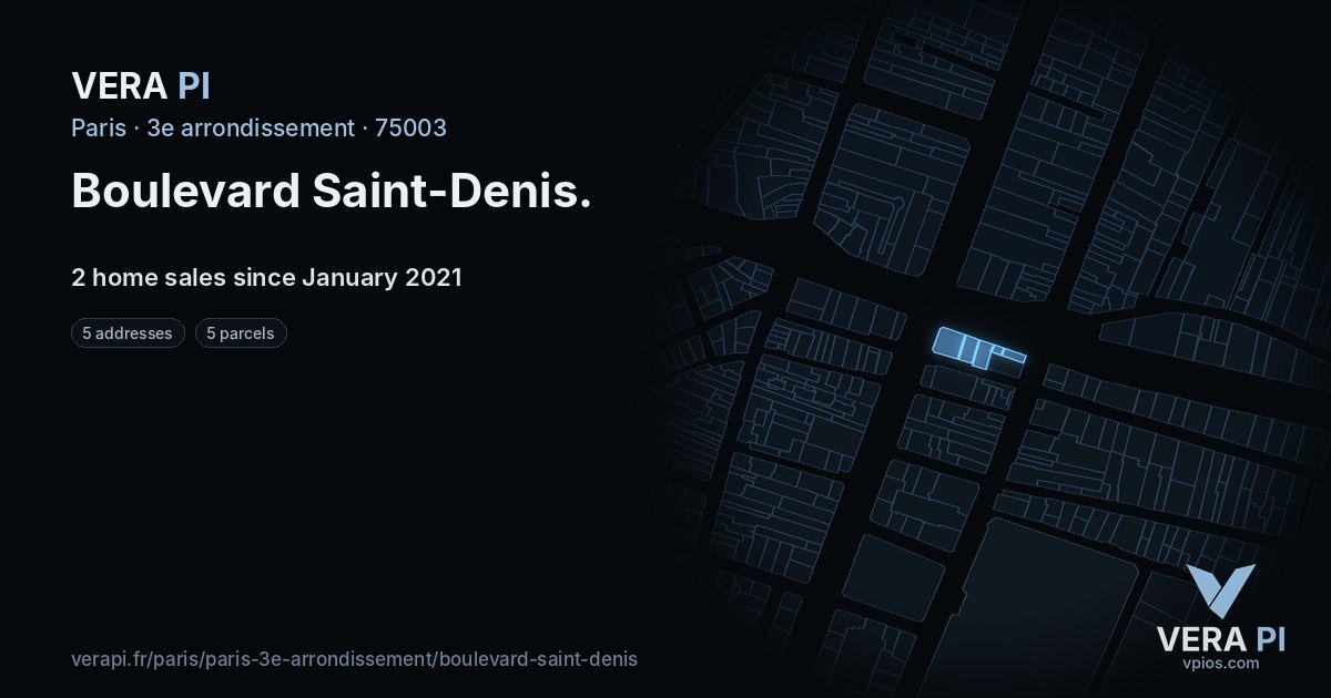 Boulevard Saint-Denis, 3e arrondissement at night – every parcel coloured by the prices around it, the street's own parcels lit