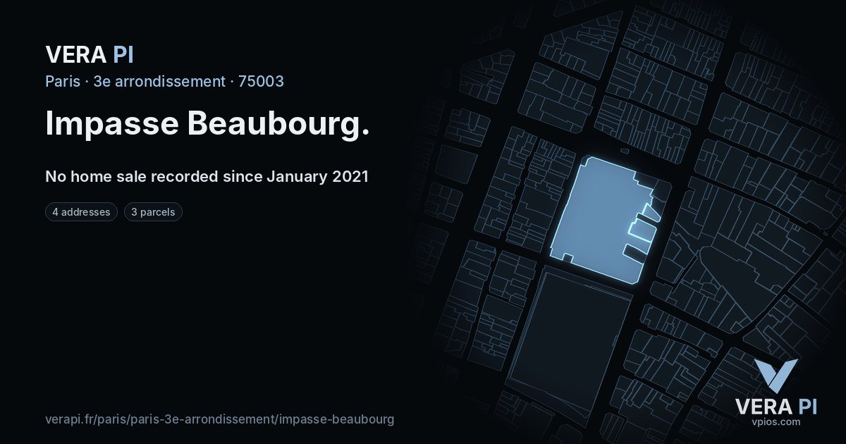 Impasse Beaubourg, 3e arrondissement at night – every parcel coloured by the prices around it, the street's own parcels lit