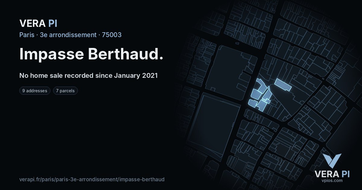 Impasse Berthaud, 3e arrondissement at night – every parcel coloured by the prices around it, the street's own parcels lit