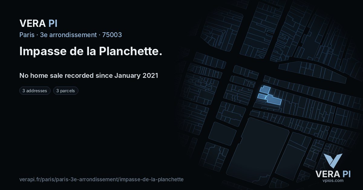 Impasse de la Planchette, 3e arrondissement at night – every parcel coloured by the prices around it, the street's own parcels lit