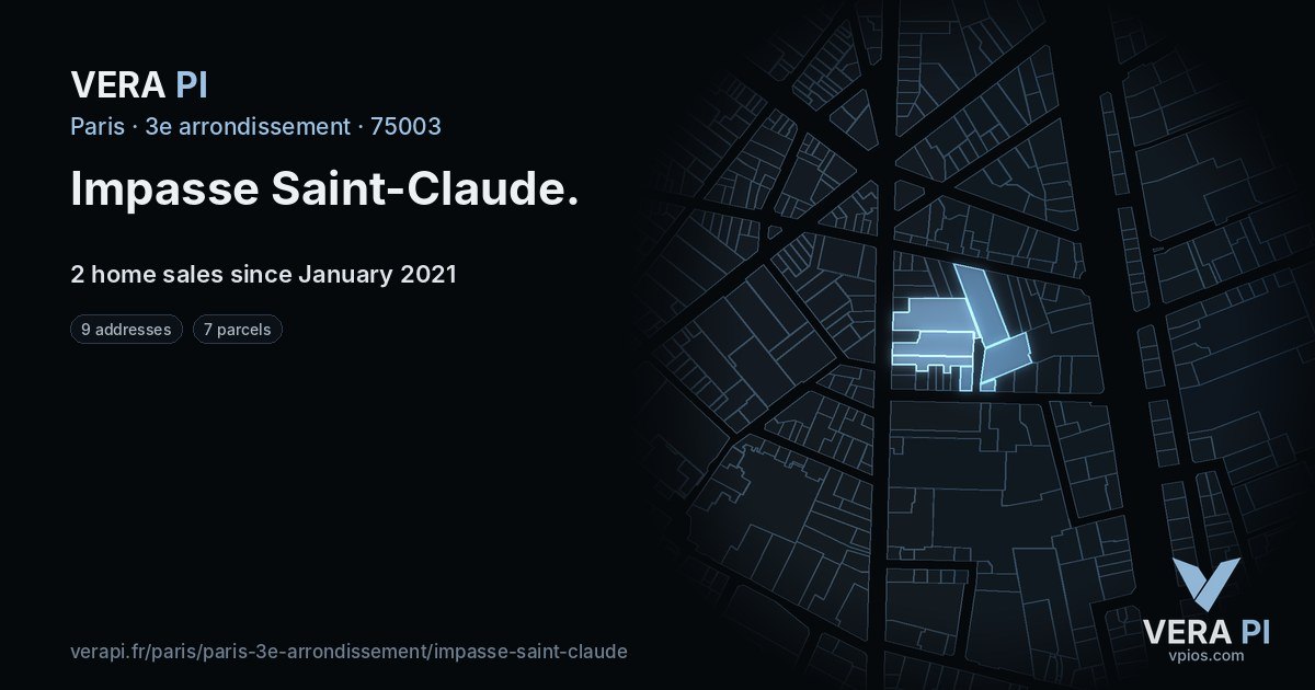 Impasse Saint-Claude, 3e arrondissement at night – every parcel coloured by the prices around it, the street's own parcels lit