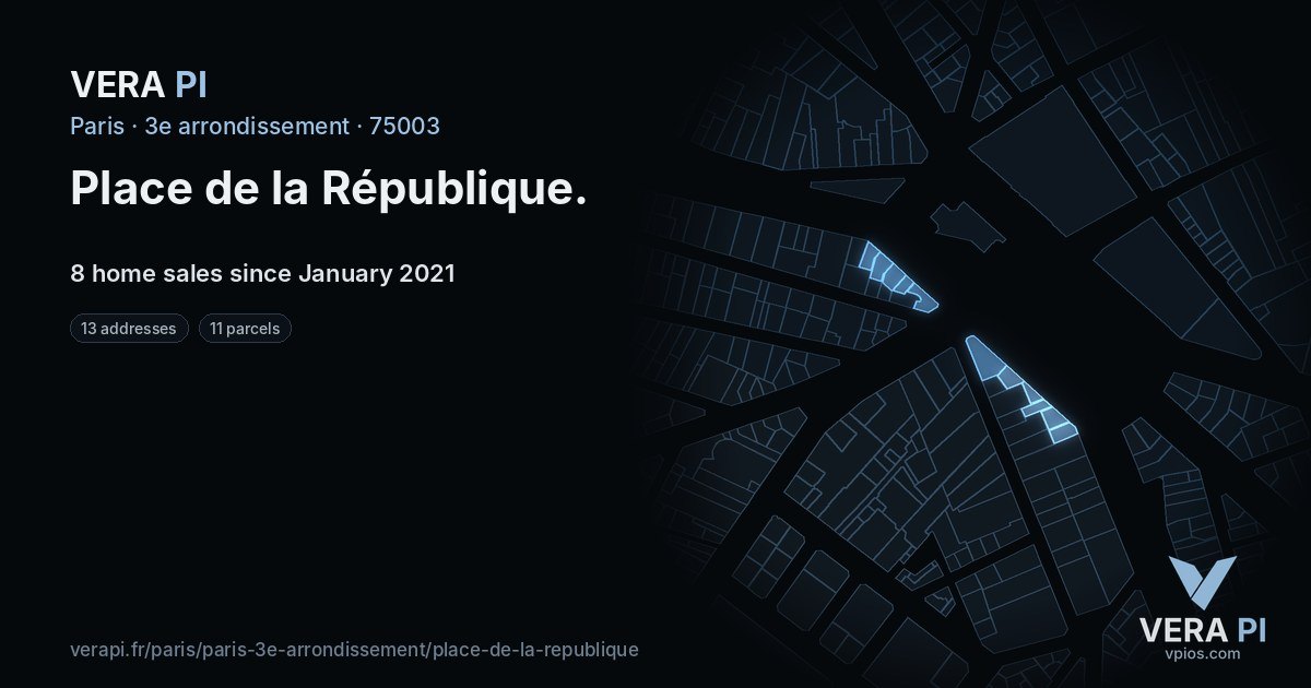 Place de la République, 3e arrondissement at night – every parcel coloured by the prices around it, the street's own parcels lit
