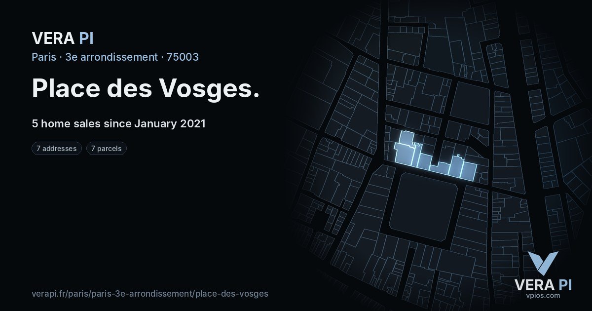 Place des Vosges, 3e arrondissement at night – every parcel coloured by the prices around it, the street's own parcels lit