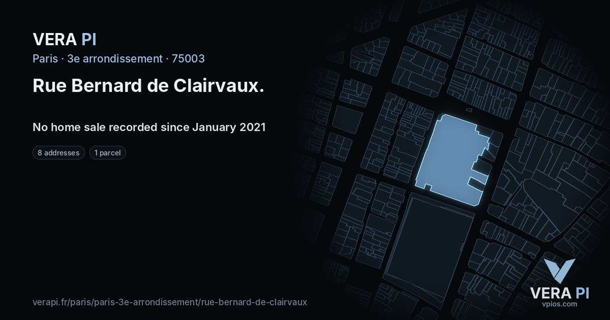 Rue Bernard de Clairvaux, 3e arrondissement at night – every parcel coloured by the prices around it, the street's own parcels lit