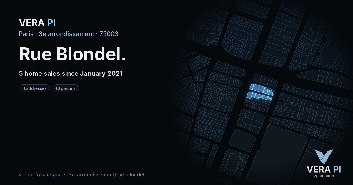 Rue Blondel, 3e arrondissement at night – every parcel coloured by the prices around it, the street's own parcels lit