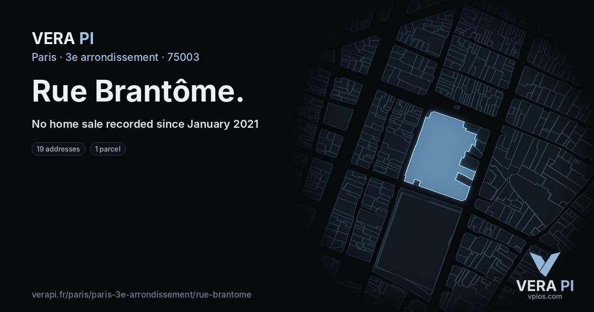 Rue Brantôme, 3e arrondissement at night – every parcel coloured by the prices around it, the street's own parcels lit