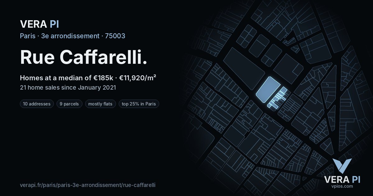 Rue Caffarelli, 3e arrondissement at night – every parcel coloured by the prices around it, the street's own parcels lit