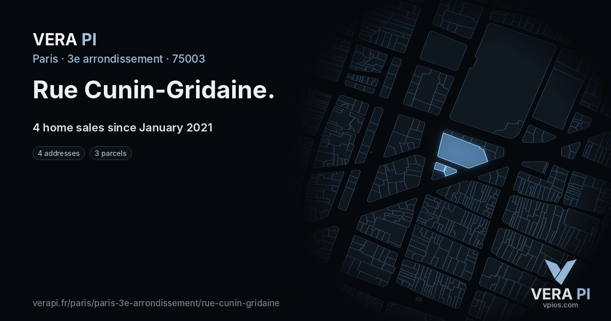 Rue Cunin-Gridaine, 3e arrondissement at night – every parcel coloured by the prices around it, the street's own parcels lit