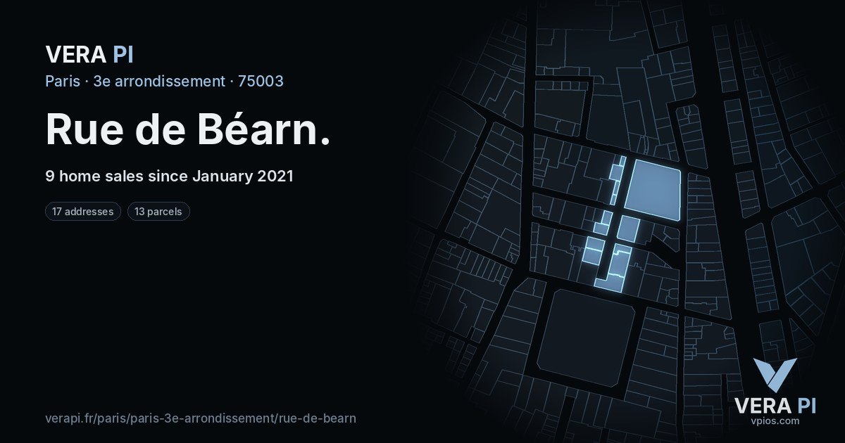Rue de Béarn, 3e arrondissement at night – every parcel coloured by the prices around it, the street's own parcels lit