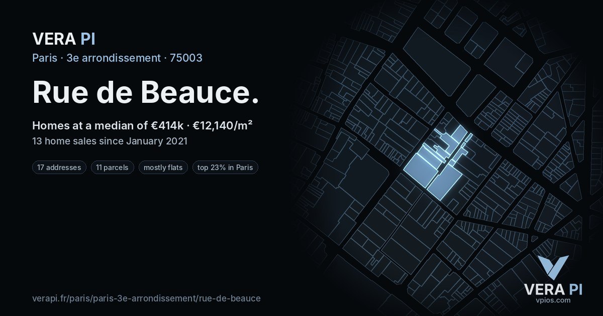 Rue de Beauce, 3e arrondissement at night – every parcel coloured by the prices around it, the street's own parcels lit