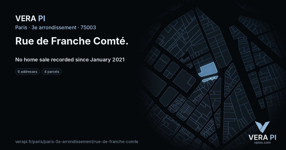 Rue de Franche Comté, 3e arrondissement at night – every parcel coloured by the prices around it, the street's own parcels lit