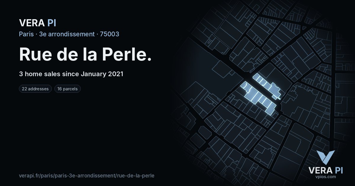 Rue de la Perle, 3e arrondissement at night – every parcel coloured by the prices around it, the street's own parcels lit