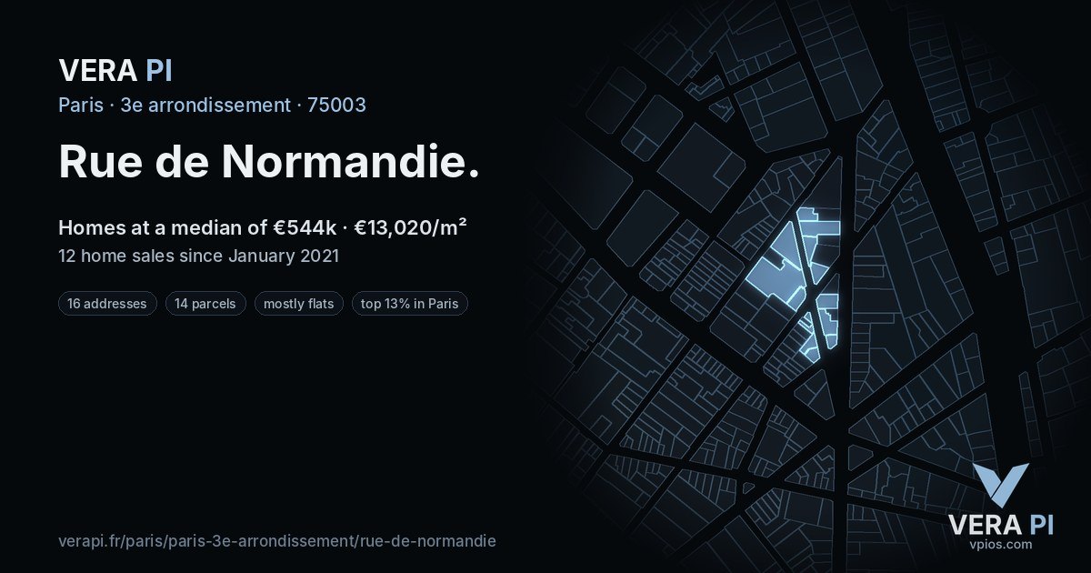Rue de Normandie, 3e arrondissement at night – every parcel coloured by the prices around it, the street's own parcels lit