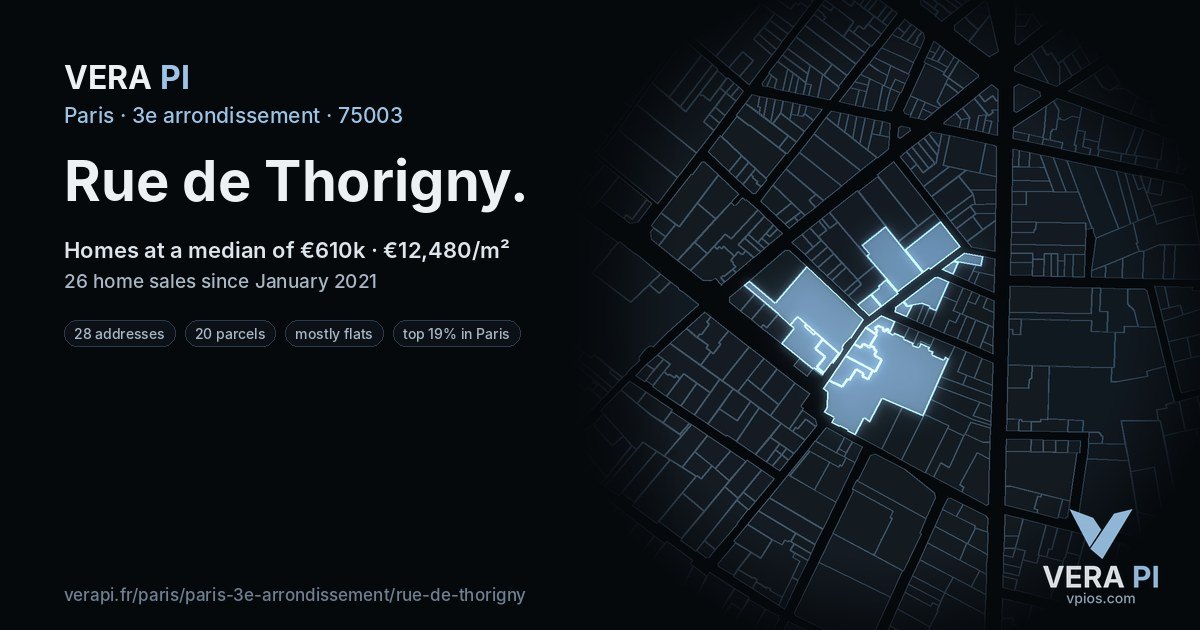 Rue de Thorigny, 3e arrondissement at night – every parcel coloured by the prices around it, the street's own parcels lit