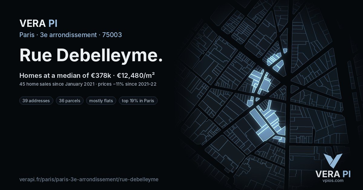 Rue Debelleyme, 3e arrondissement at night – every parcel coloured by the prices around it, the street's own parcels lit