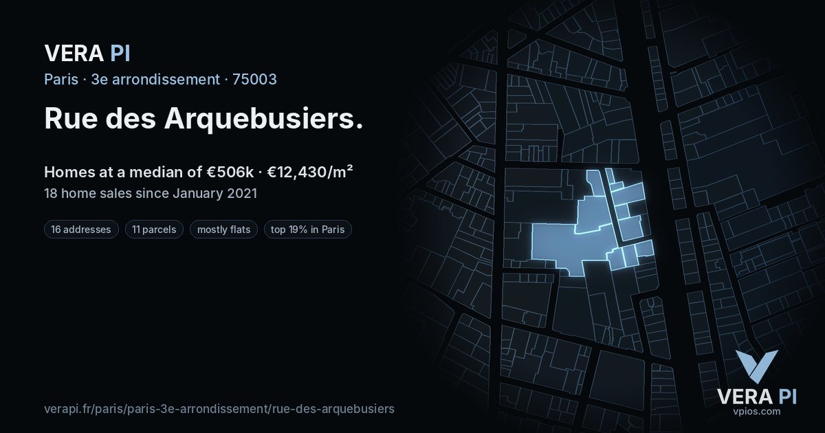 Rue des Arquebusiers, 3e arrondissement at night – every parcel coloured by the prices around it, the street's own parcels lit