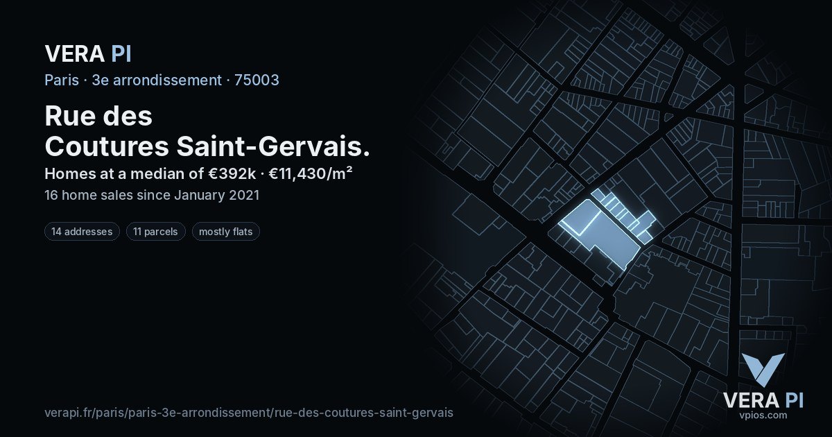 Rue des Coutures Saint-Gervais, 3e arrondissement at night – every parcel coloured by the prices around it, the street's own parcels lit