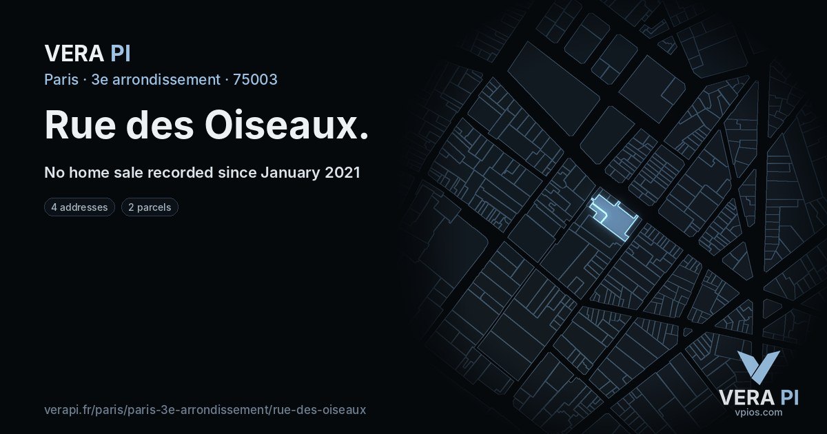 Rue des Oiseaux, 3e arrondissement at night – every parcel coloured by the prices around it, the street's own parcels lit