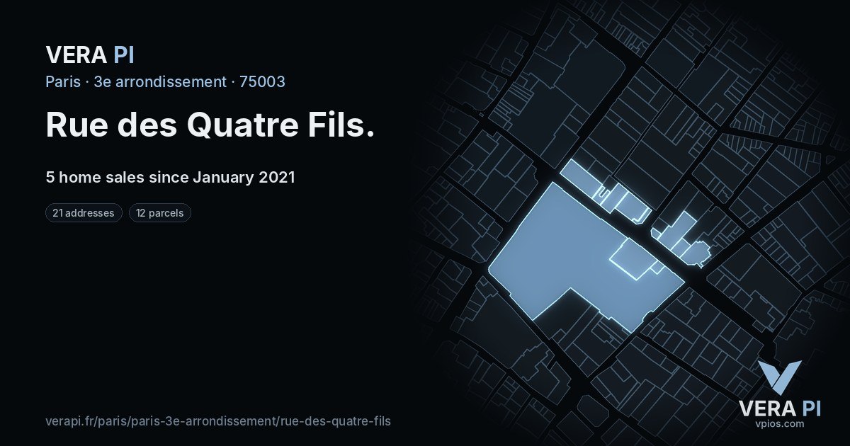 Rue des Quatre Fils, 3e arrondissement at night – every parcel coloured by the prices around it, the street's own parcels lit