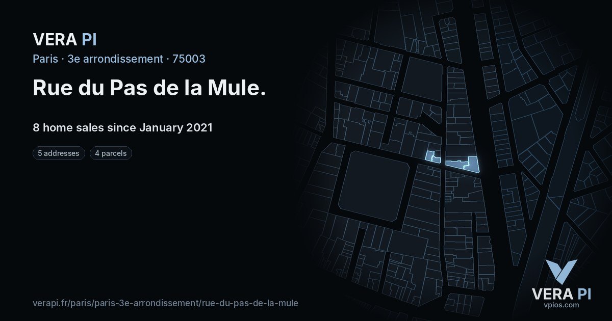 Rue du Pas de la Mule, 3e arrondissement at night – every parcel coloured by the prices around it, the street's own parcels lit