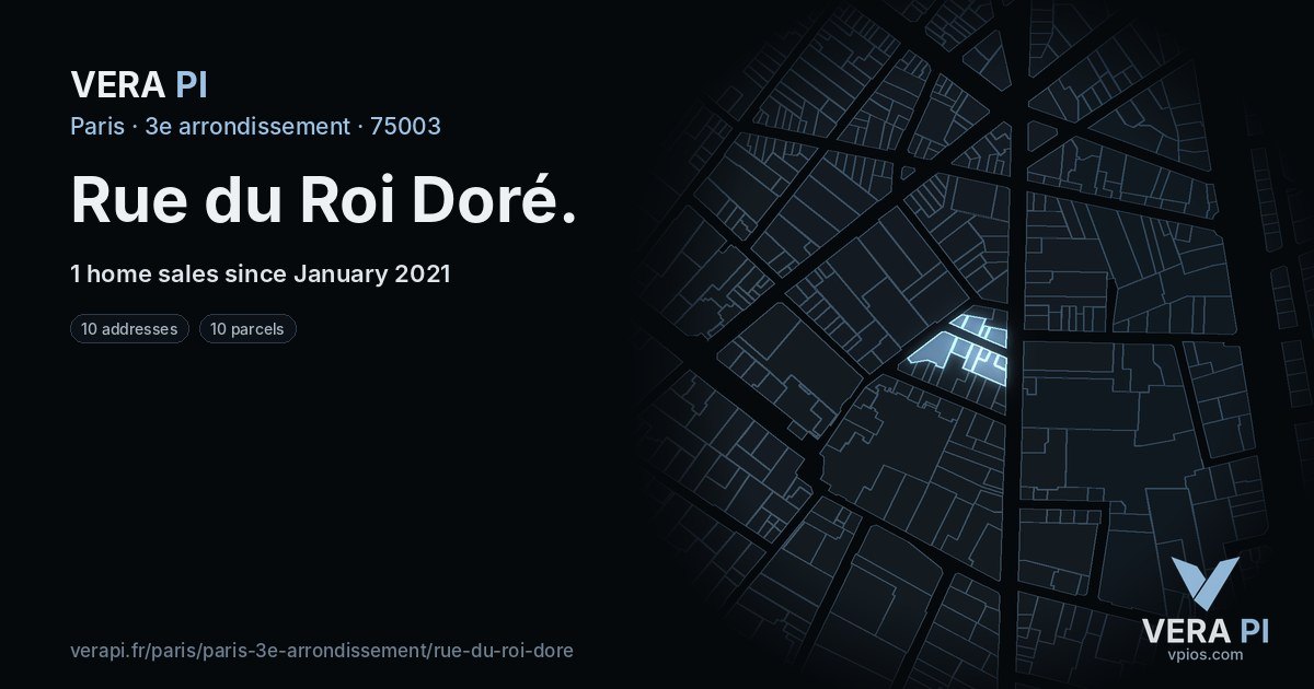 Rue du Roi Doré, 3e arrondissement at night – every parcel coloured by the prices around it, the street's own parcels lit